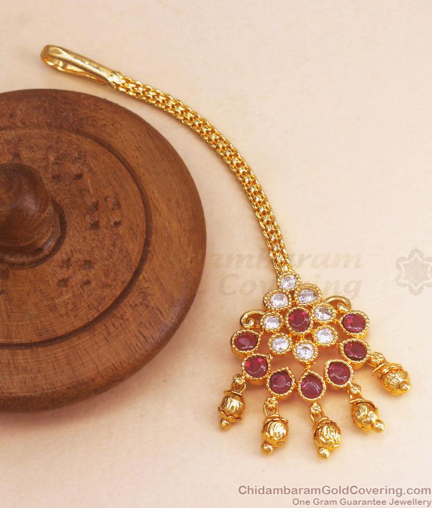 Floral Ruby White Stone 1 Gram Gold Nethichutti Designs For Womens NCHT348