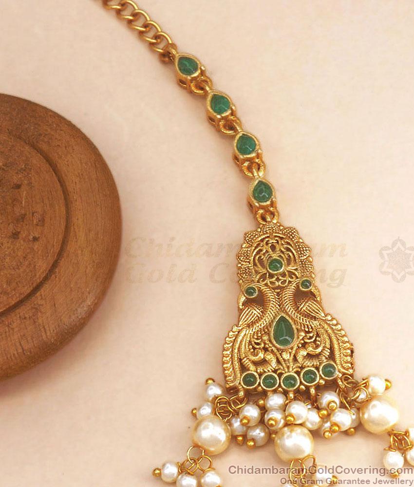 Traditional Emerald Green Stone Maang Tikka Antique Jewelry Shop Online NCHT351