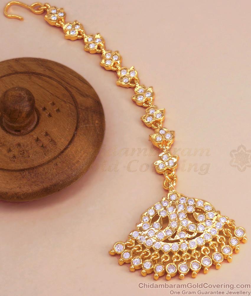 Long Latest Impon Maang Tikka Full White Gati Stone Designs NCHT353