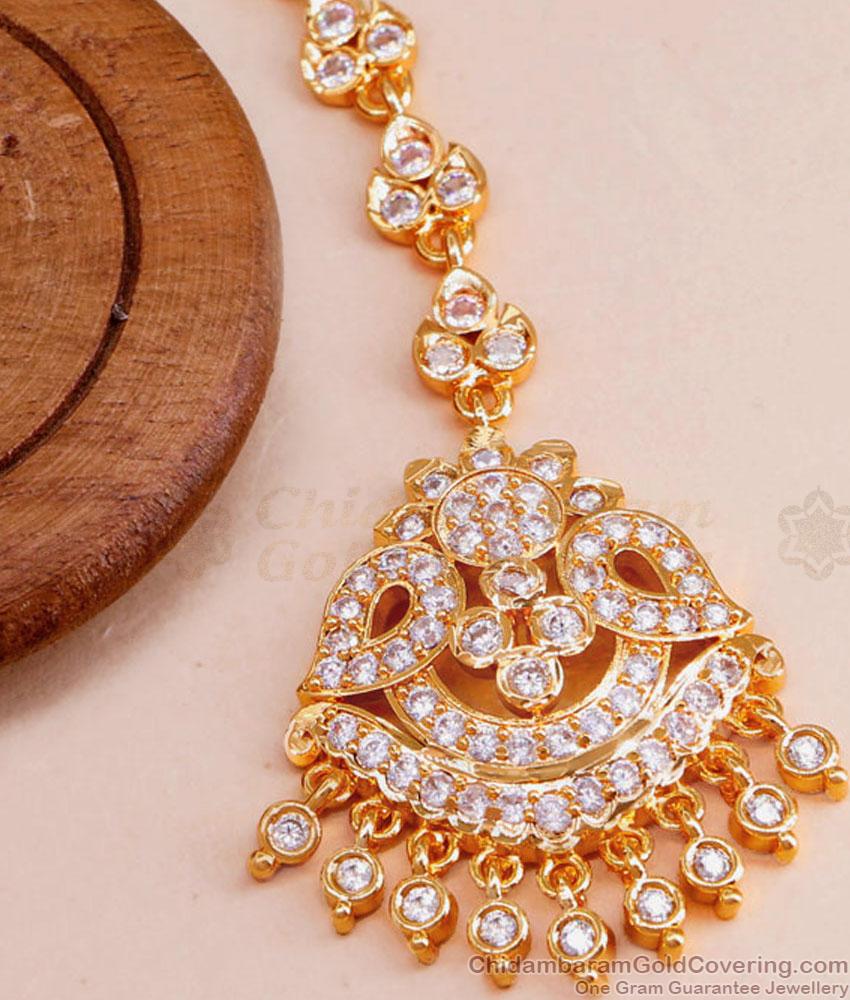 Stylish Impon Gold Plated Maang Tikka White Stone Nethichutti NCHT396 Stylish Impon Gold Plated Maang Tikka White Stone Nethichutti NCHT396