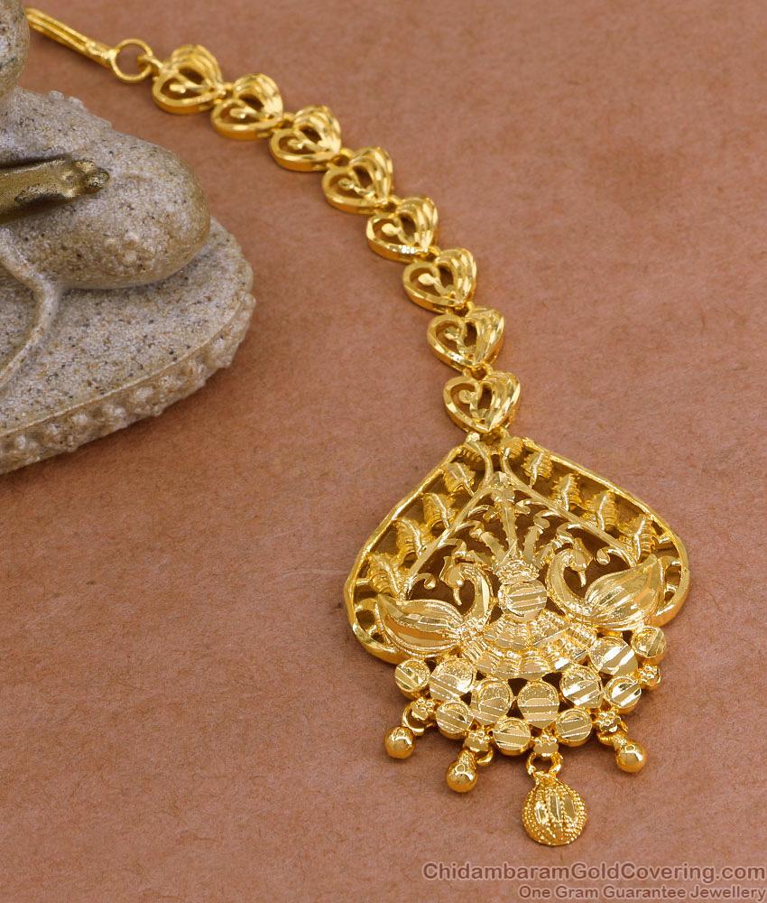Women Bridal Wear Peacock Design Gold Maang Tikka With Price NCHT435