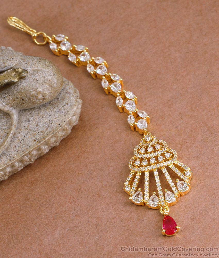 Trendy Ad Stone 1 Gram Gold Nethichutti Design For Brides NCHT441 Trendy Ad Stone 1 Gram Gold Nethichutti Design For Brides NCHT441