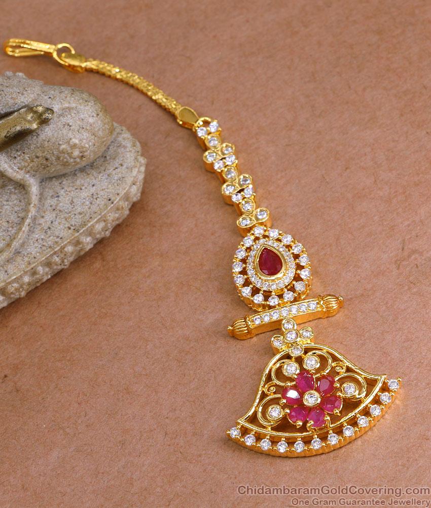 Simple Gold Design Ruby White Stone Floral Nethichutti Designs At Affordable Price NCHT442 Simple Gold Design Ruby White Stone Floral Nethichutti Designs At Affordable Price NCHT442
