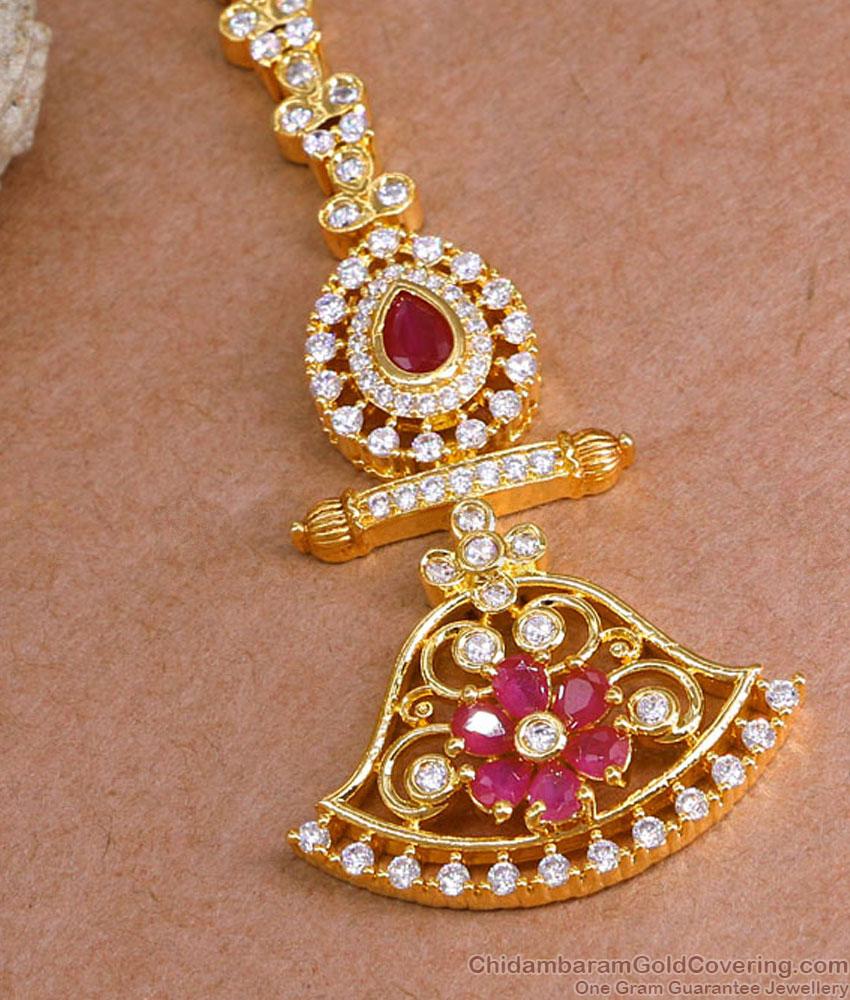 Simple Gold Design Ruby White Stone Floral Nethichutti Designs At Affordable Price NCHT442 Simple Gold Design Ruby White Stone Floral Nethichutti Designs At Affordable Price NCHT442