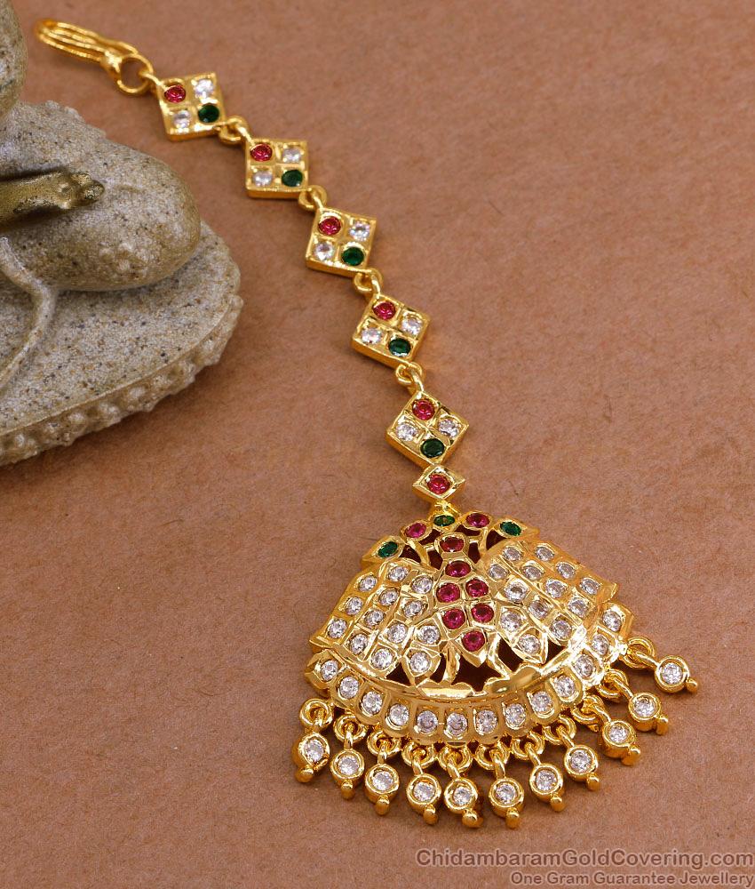 Ruby Green Gati Stone Five Metal Impon Maang Tikka Bridal Jewelry NCHT458 Ruby Green Gati Stone Five Metal Impon Maang Tikka Bridal Jewelry NCHT458