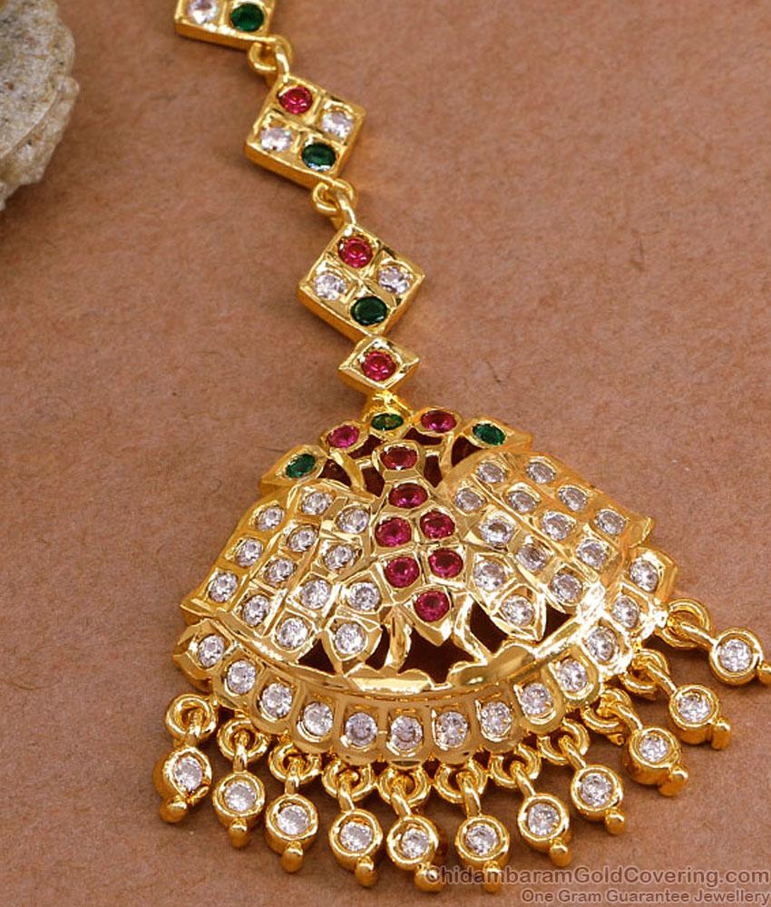 Ruby Green Gati Stone Five Metal Impon Maang Tikka Bridal Jewelry NCHT458 Ruby Green Gati Stone Five Metal Impon Maang Tikka Bridal Jewelry NCHT458