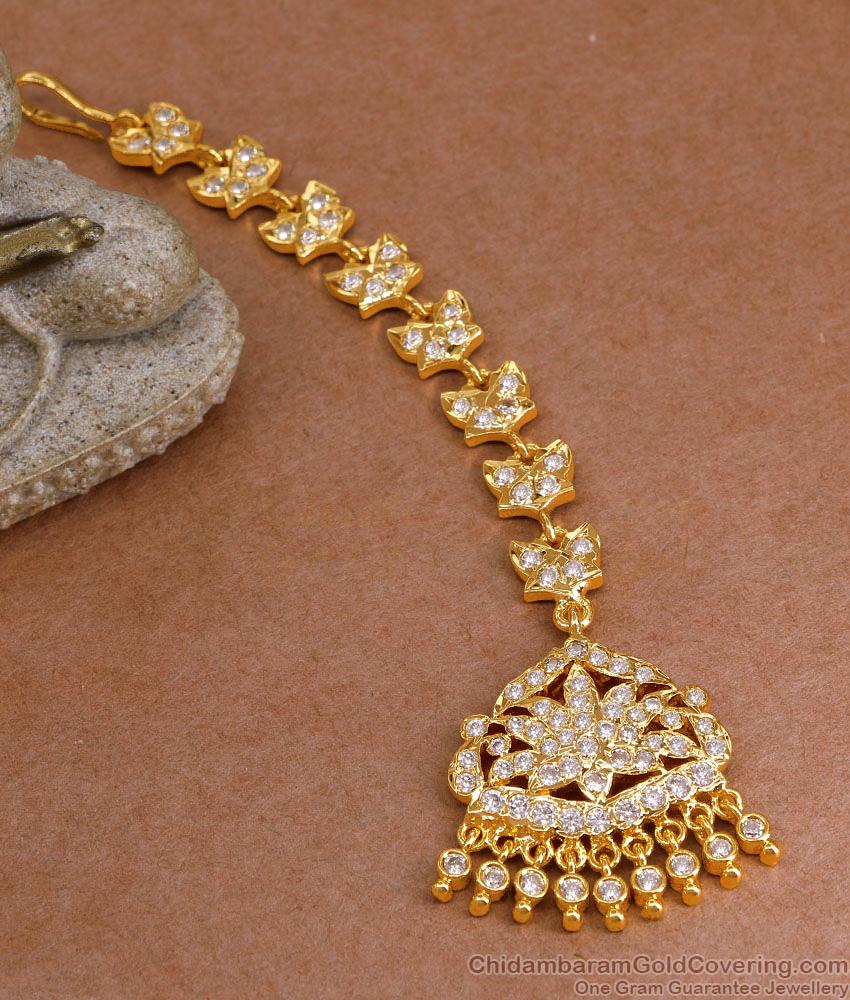 Elegant Floral Design Full White Stone Nethichutti Design For Women NCHT464 Elegant Floral Design Full White Stone Nethichutti Design For Women NCHT464