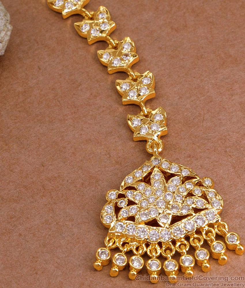 Elegant Floral Design Full White Stone Nethichutti Design For Women NCHT464 Elegant Floral Design Full White Stone Nethichutti Design For Women NCHT464