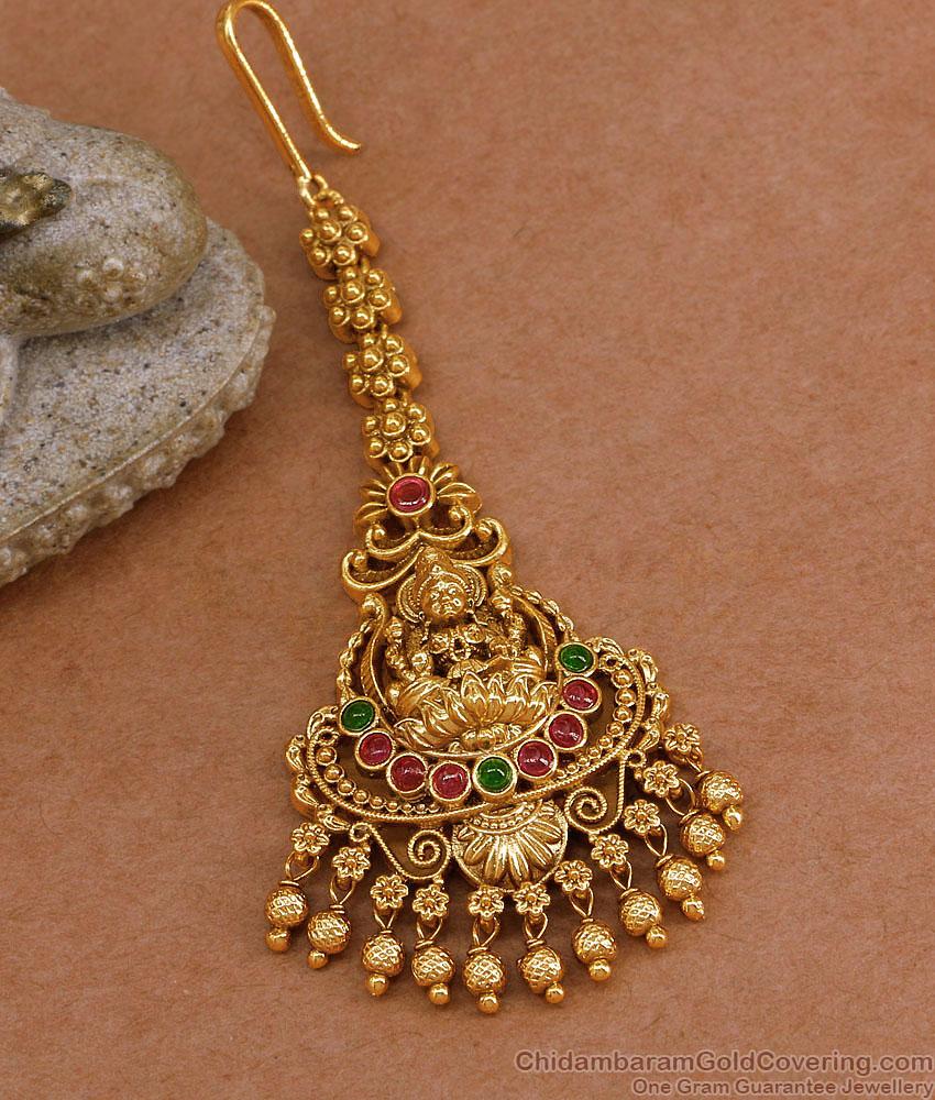 New Arrival Matte Finish Antique Gold Nethichutti With Kemp Stone NCHT494
