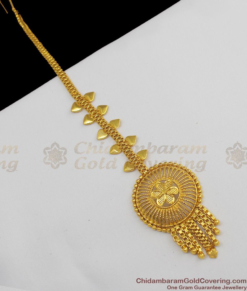 Attractive Flower Droplet Design Gold Plated Maang Tikka Bridal Nethi Sutti NCHT62