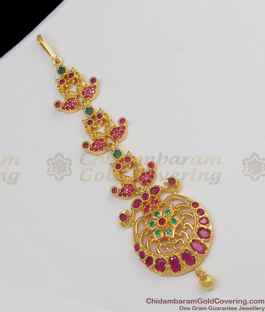 Magnificent Ruby Emerald Stone Bridal Design Gold Inspired Nethichutti For Brides NCHT68