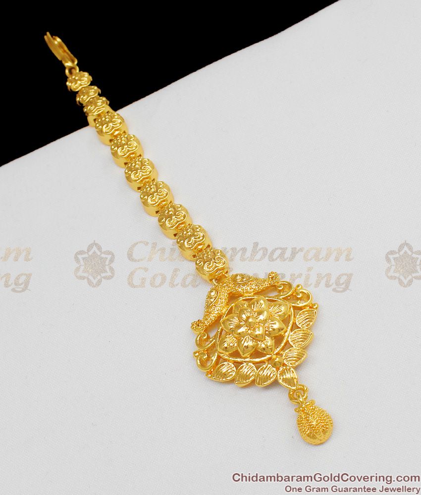 Trendy Leaf Heartin Design Full Gold Finish Maang Tikka Nethichutti Jewelry NCHT75