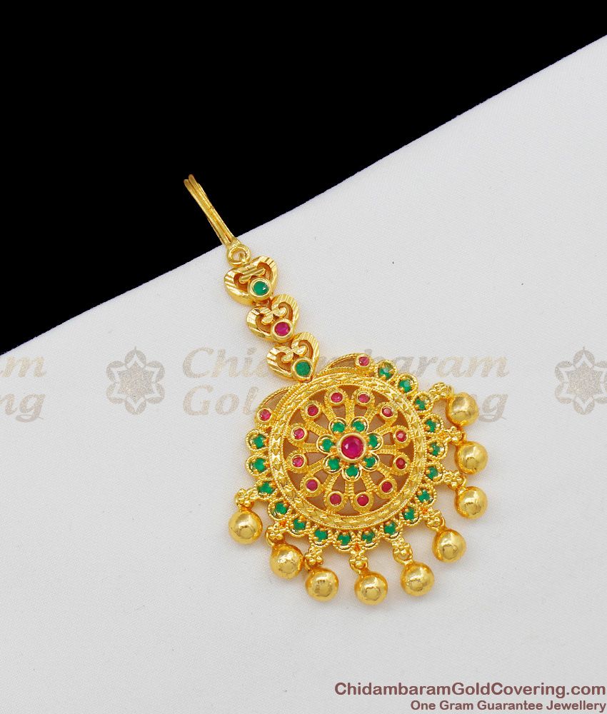 Short Gold Plated Ruby Emerald Stone Bridal Wear Hair Ornament With Ball Beads NCHT84 