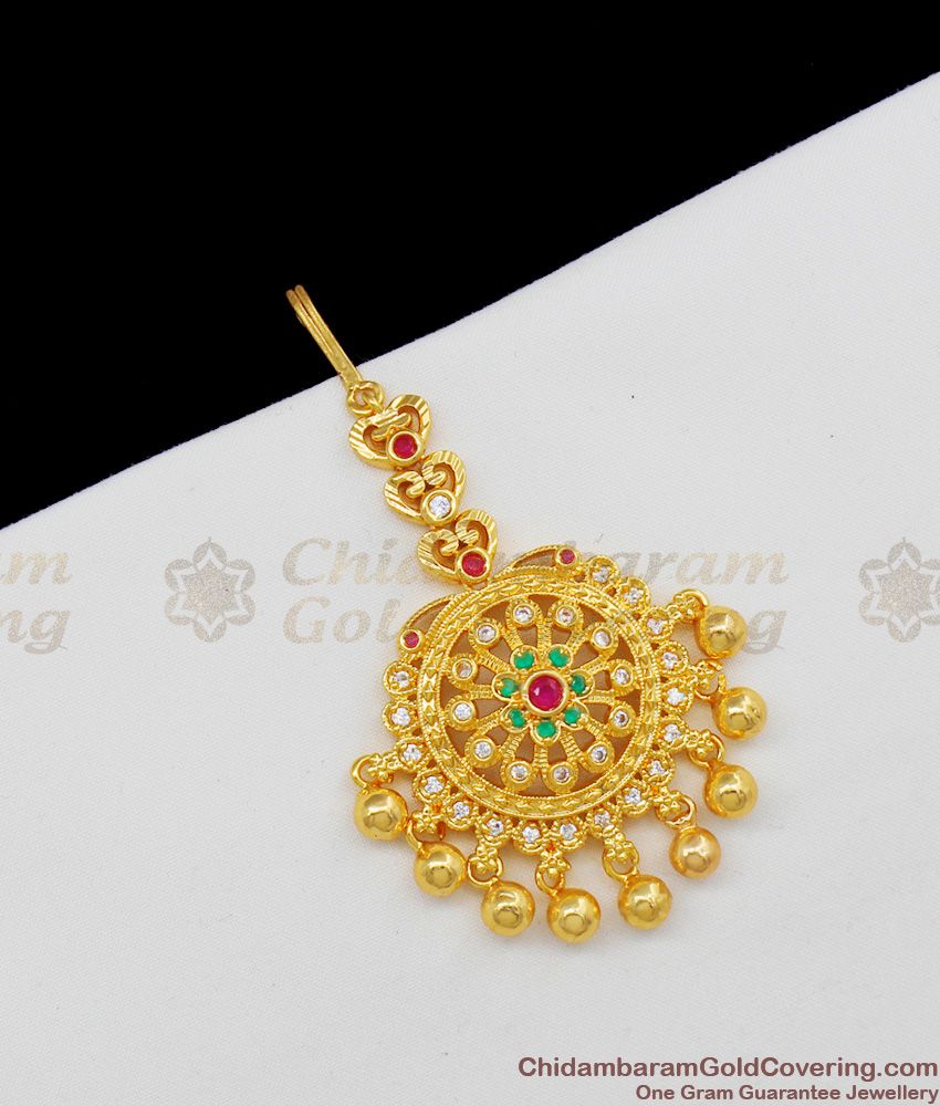 Trendy Gold Multi Color Stones First Quality Maang Tikka Nethichutti For Brides NCHT85