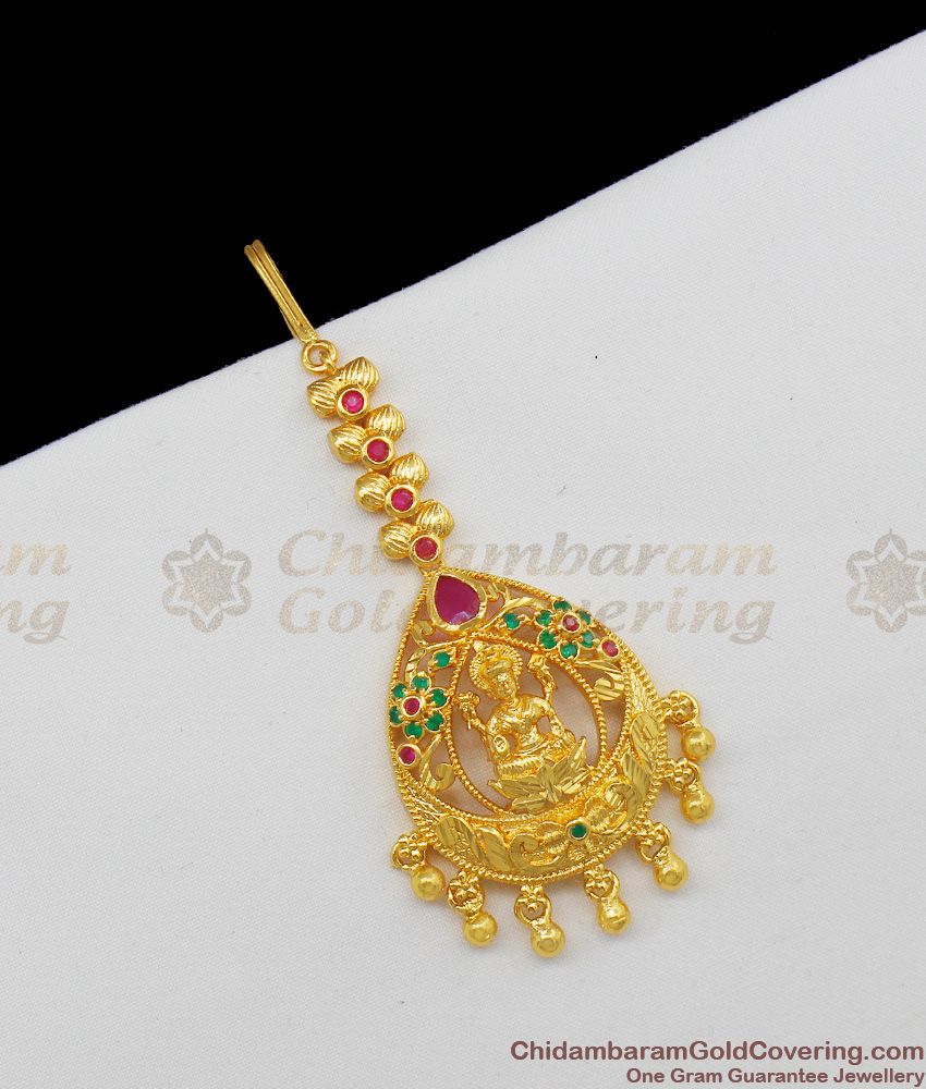 Gold Tone Traditional Lakshmi Pattern Short Nethichuti Hair Ornament With Stones NCHT87