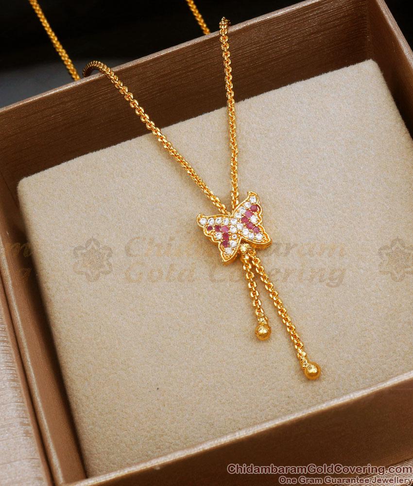 Beautiful Ruby White Stone Gold Plated Short Pendant Chain Butterfly Design SMDR2018