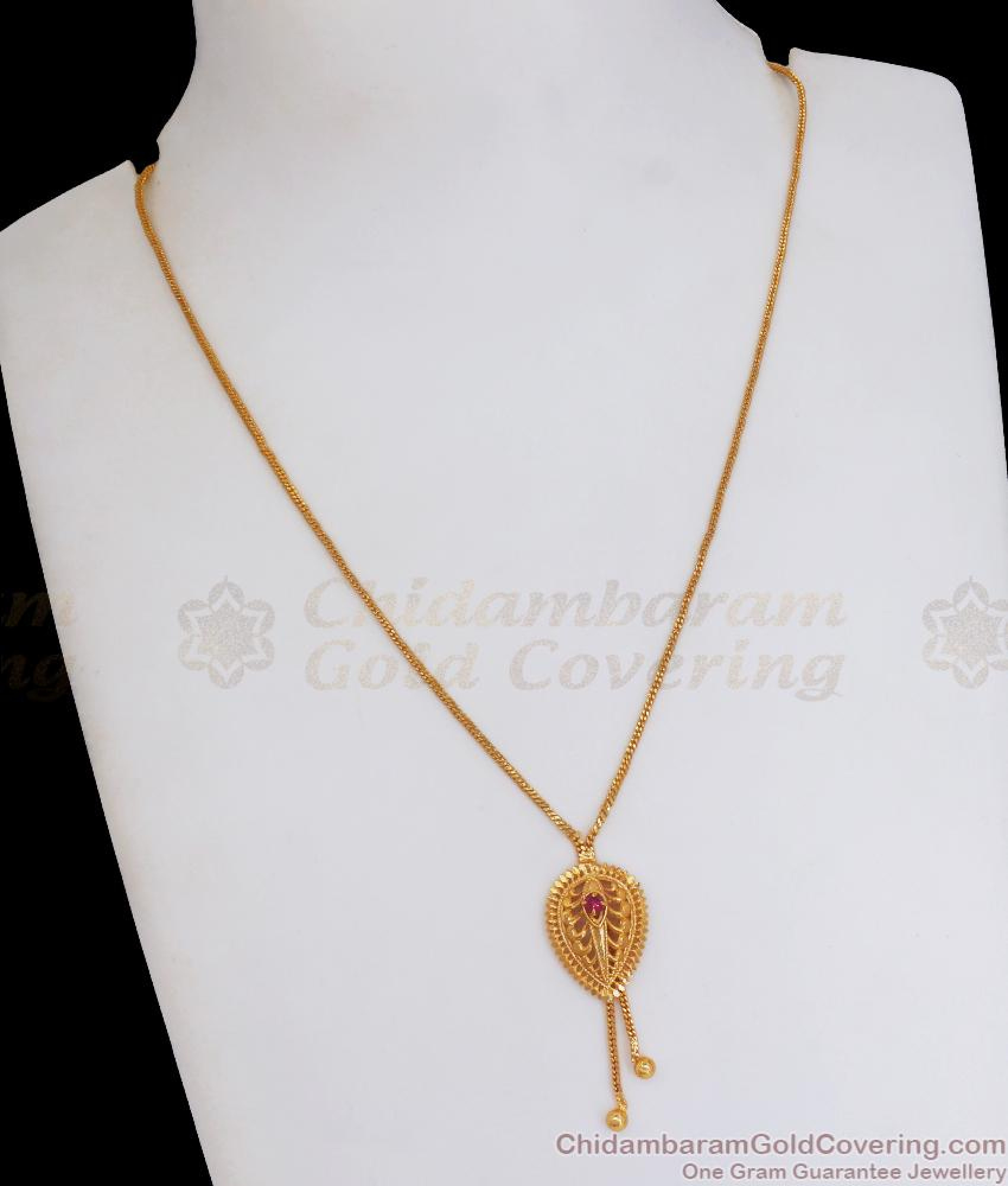 Traditional Ruby Stone 1 Gram Gold Pendant Chain Leaf Designs SMDR2071