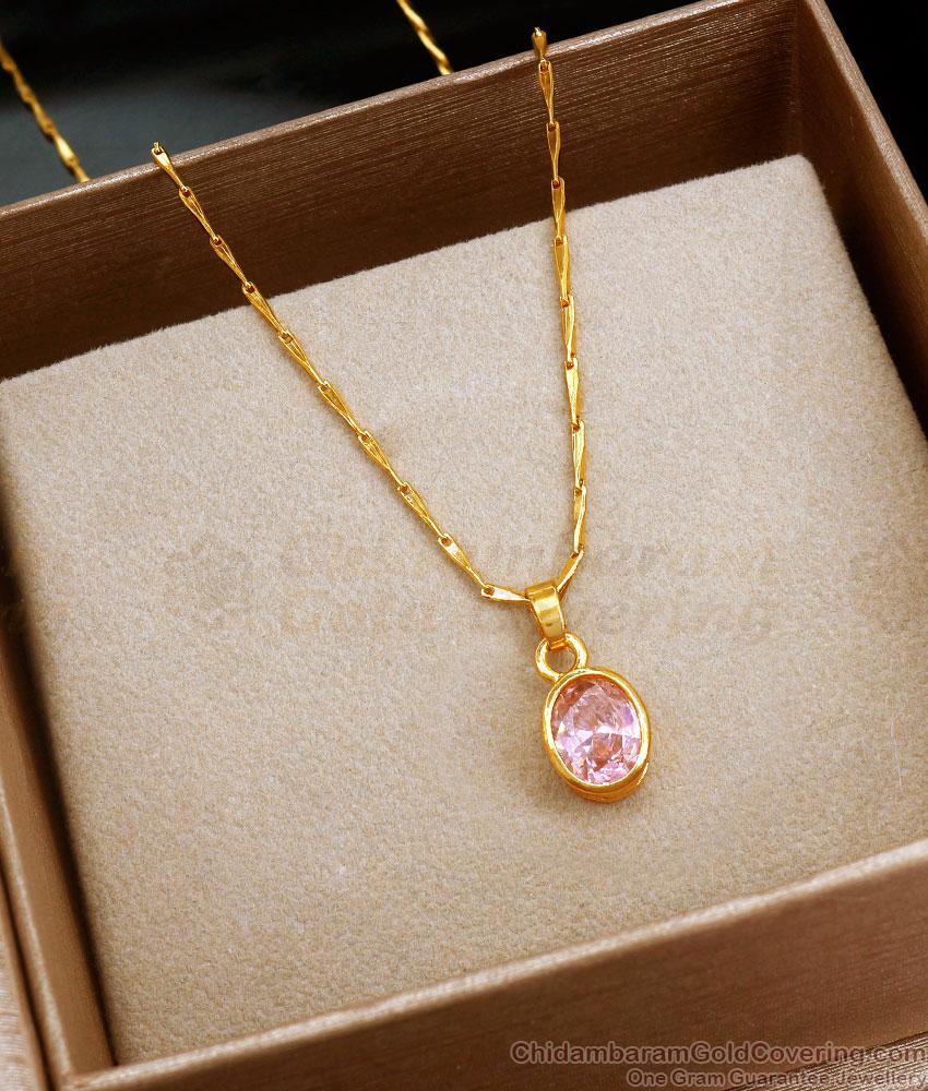 Stylish Pink Stone Gold Plated Small Pendant Chain Oval Designs SMDR2098