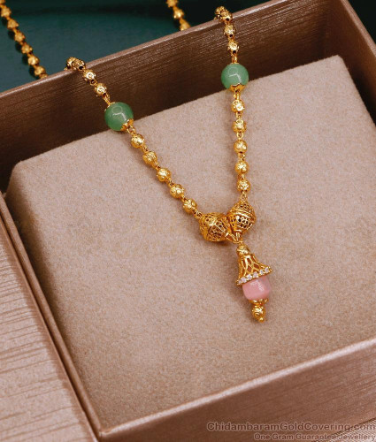 Big Green Pink Stone Pendant Golden Beads Chain Collections