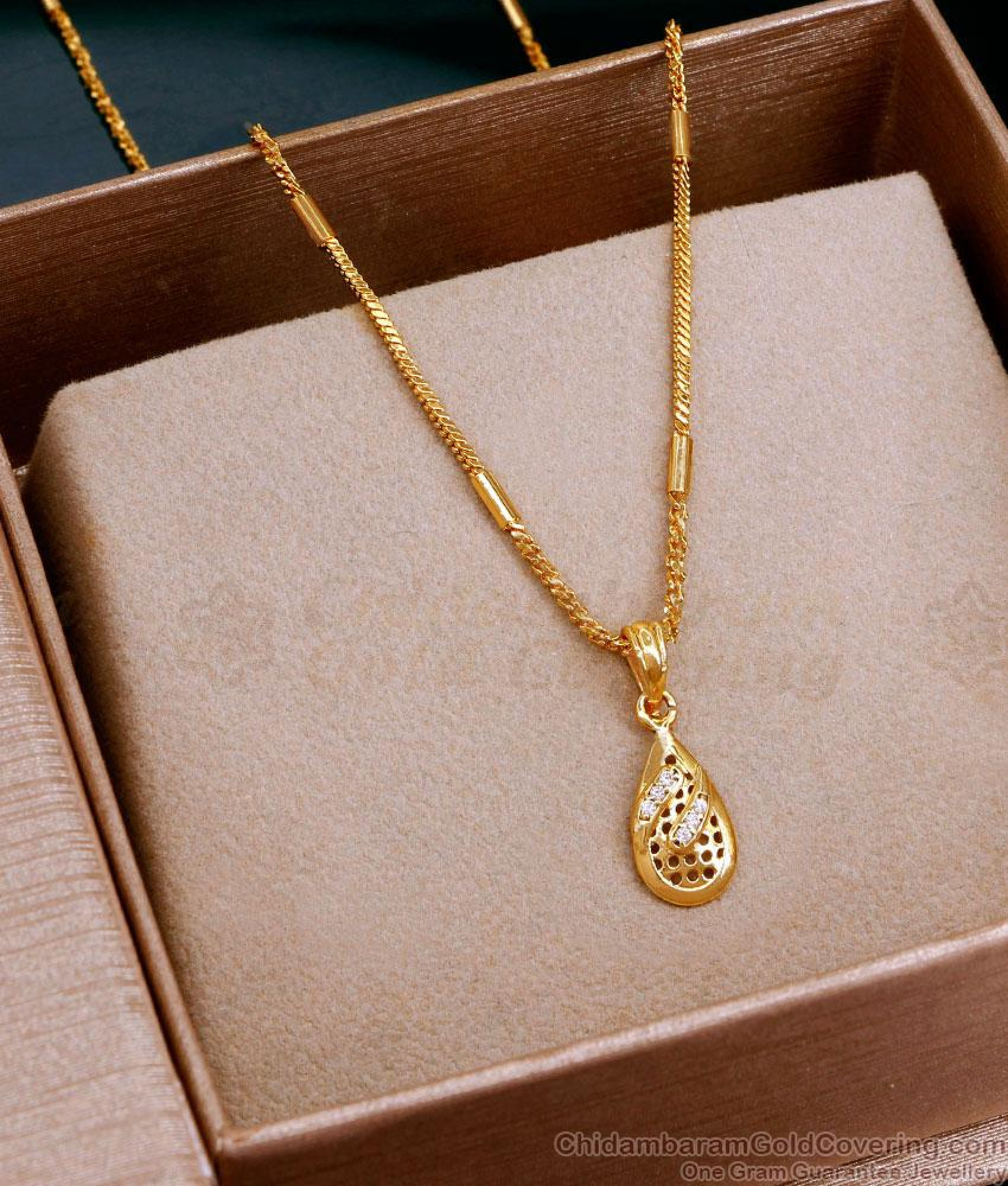 Gold chain with white enamel and cz stones pendant main image 1