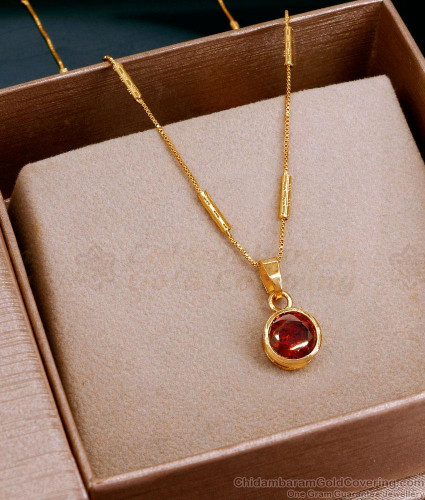 Single Ruby Stone Gold Plated Pendant With Tube Design Chain SMDR2460