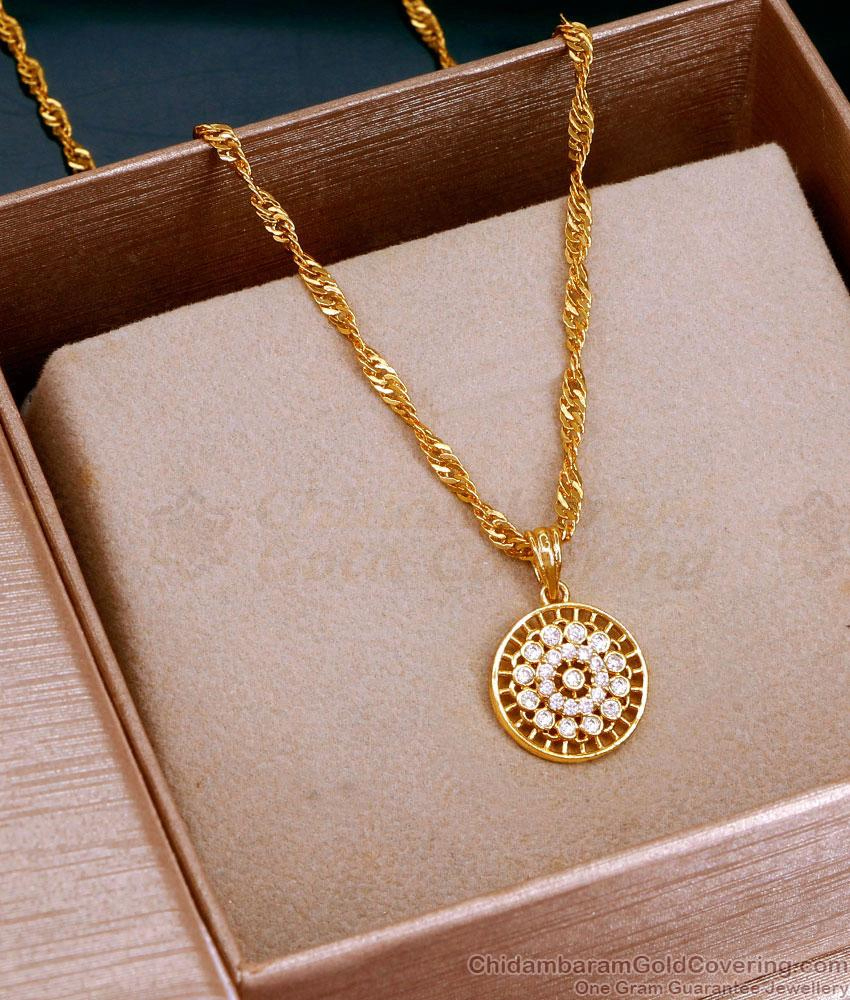 Gold chain with white enamel and cz stones pendant main image 0