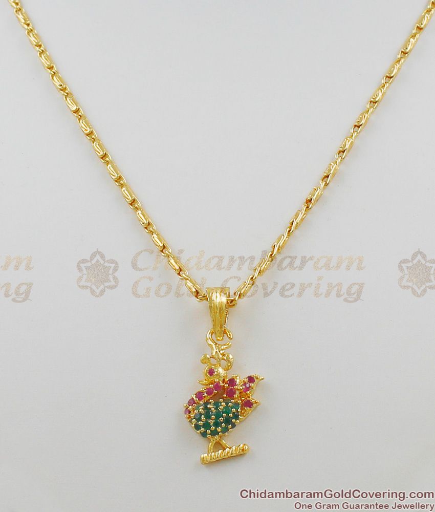 Full Ruby Emerald Stone Peacock Gold Pendant Chain For Girls SMDR266