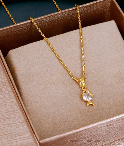 Cute Single Diamond Fish Pendant Gold Plated Chain Designs Online