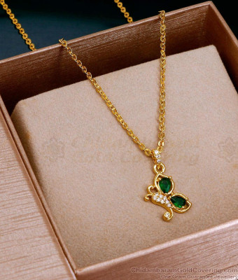 Pure Gold Tone Butterfly Pendant Emerald Stone Design With Chain SMDR2705