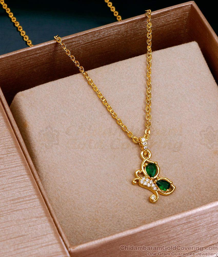 Pure Gold Tone Butterfly Pendant Emerald Stone Design With Chain SMDR2705