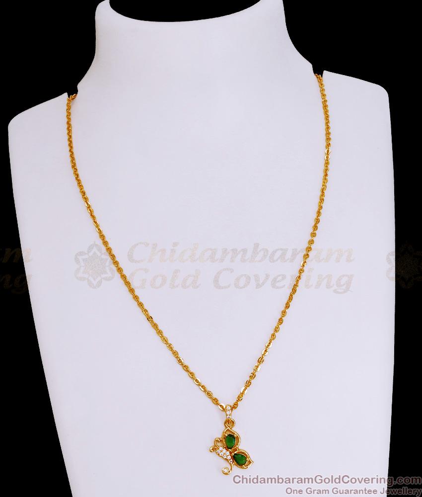 Pure Gold Tone Butterfly Pendant Emerald Stone Design With Chain SMDR2705
