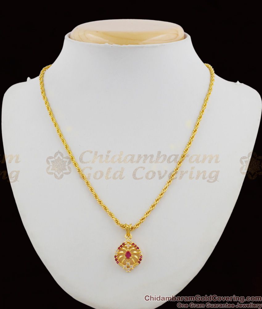 Eye Catchy AD Ruby Multi Color Stone Gold Pendant Chain For Girls College And Office Use SMDR272