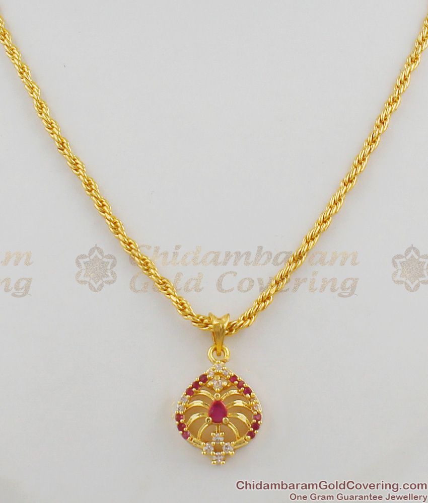 Eye Catchy AD Ruby Multi Color Stone Gold Pendant Chain For Girls College And Office Use SMDR272