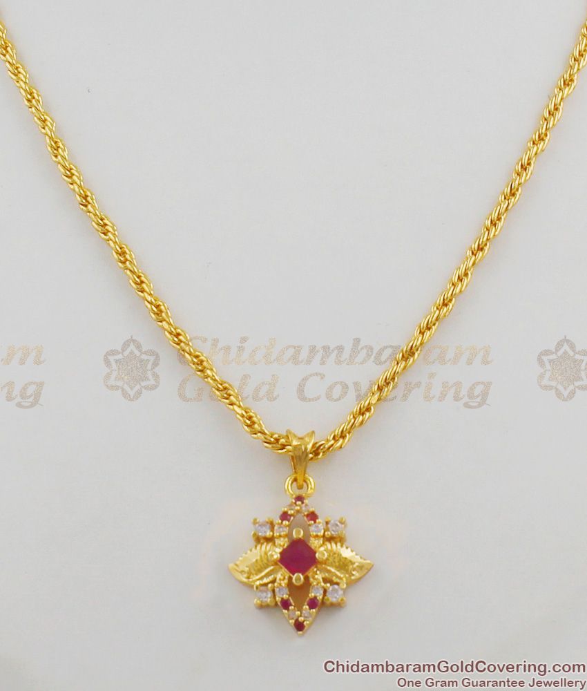 Ruby Stone Gold Tone Pendant Chain With AD With Stones For Teen Girls SMDR275