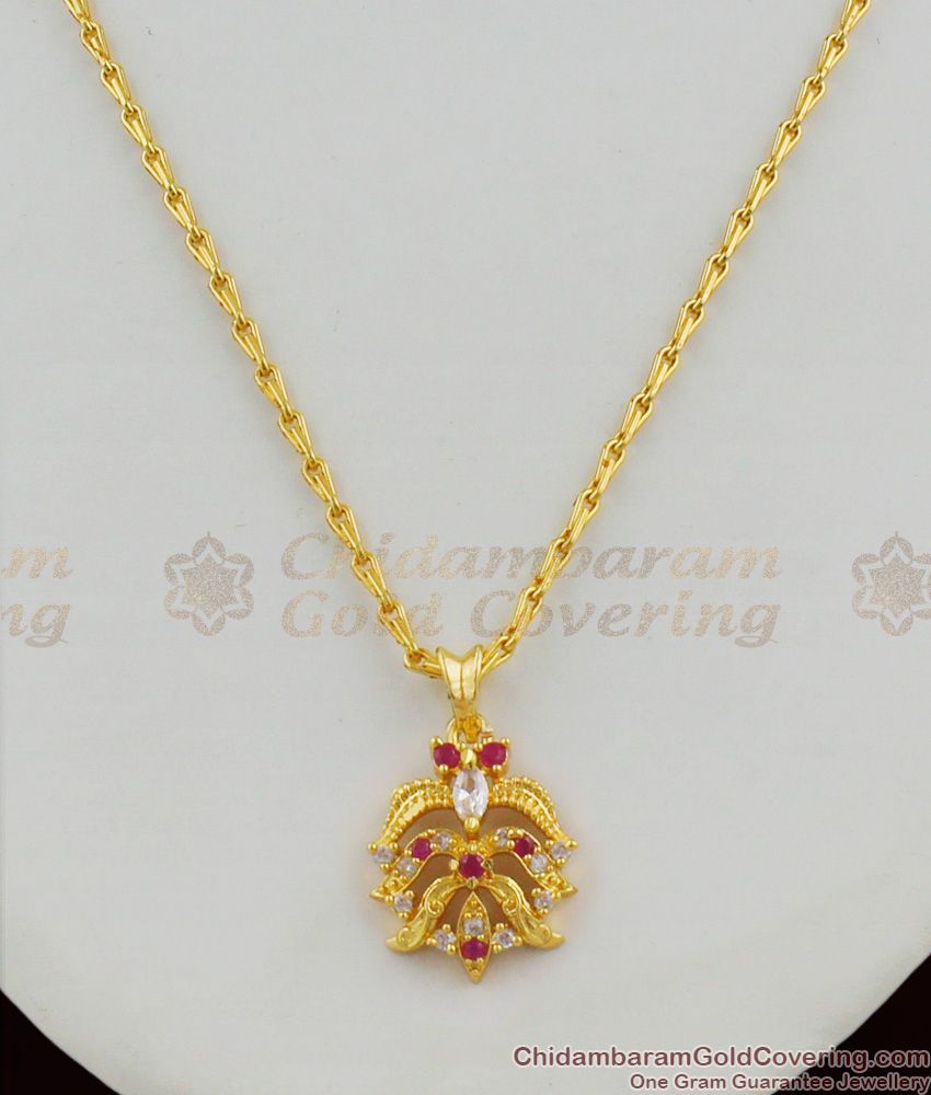 Kerala Model Multi Color Stone Pure Gold Pendant Chain For Daily Wear SMDR278