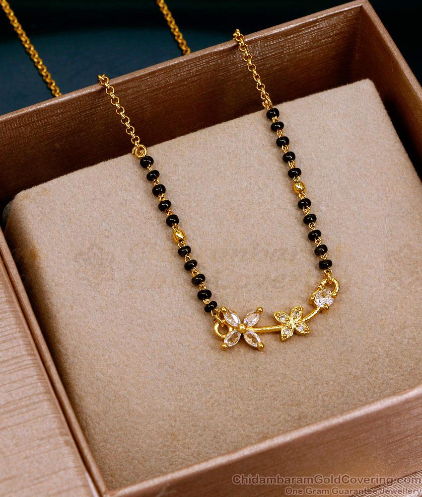 White Stone Floral Design Black Beaded Mangalsutra Chain At Affordable Price SMDR2825