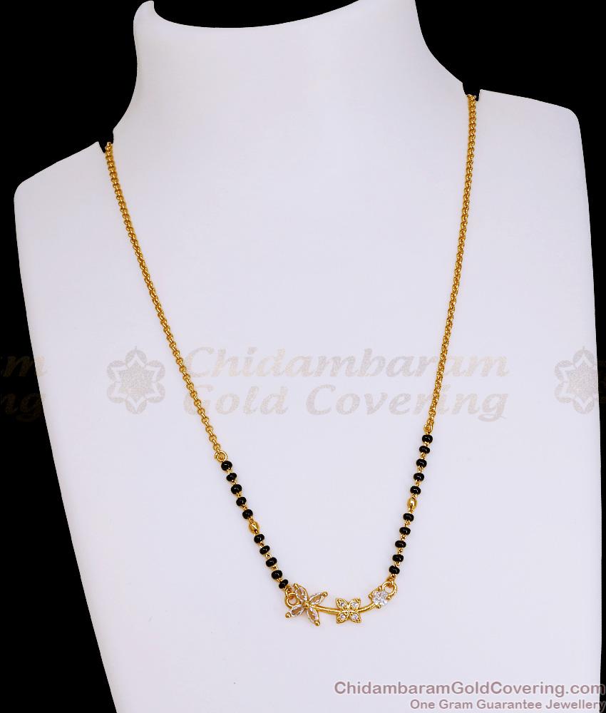 White Stone Floral Design Black Beaded Mangalsutra Chain At Affordable Price SMDR2825