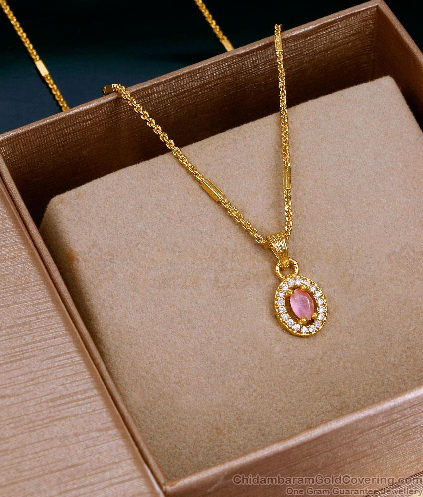 High Quality 1 Gram Gold Pink Stone Pendant Chain Online SMDR2847