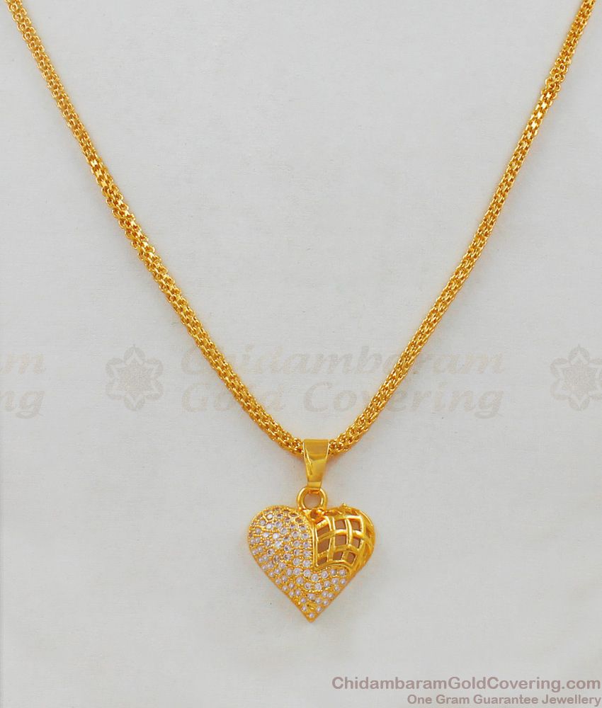 Modern Gold Heart With Semi Filled White Stones Small Pendant Chains SMDR428