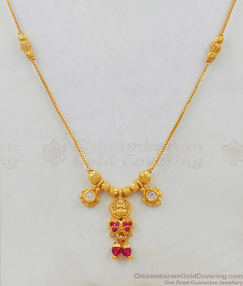 Traditional Lakshmi Design Gold Pendant Chain With Multi Color Stones For Ladies SMDR430