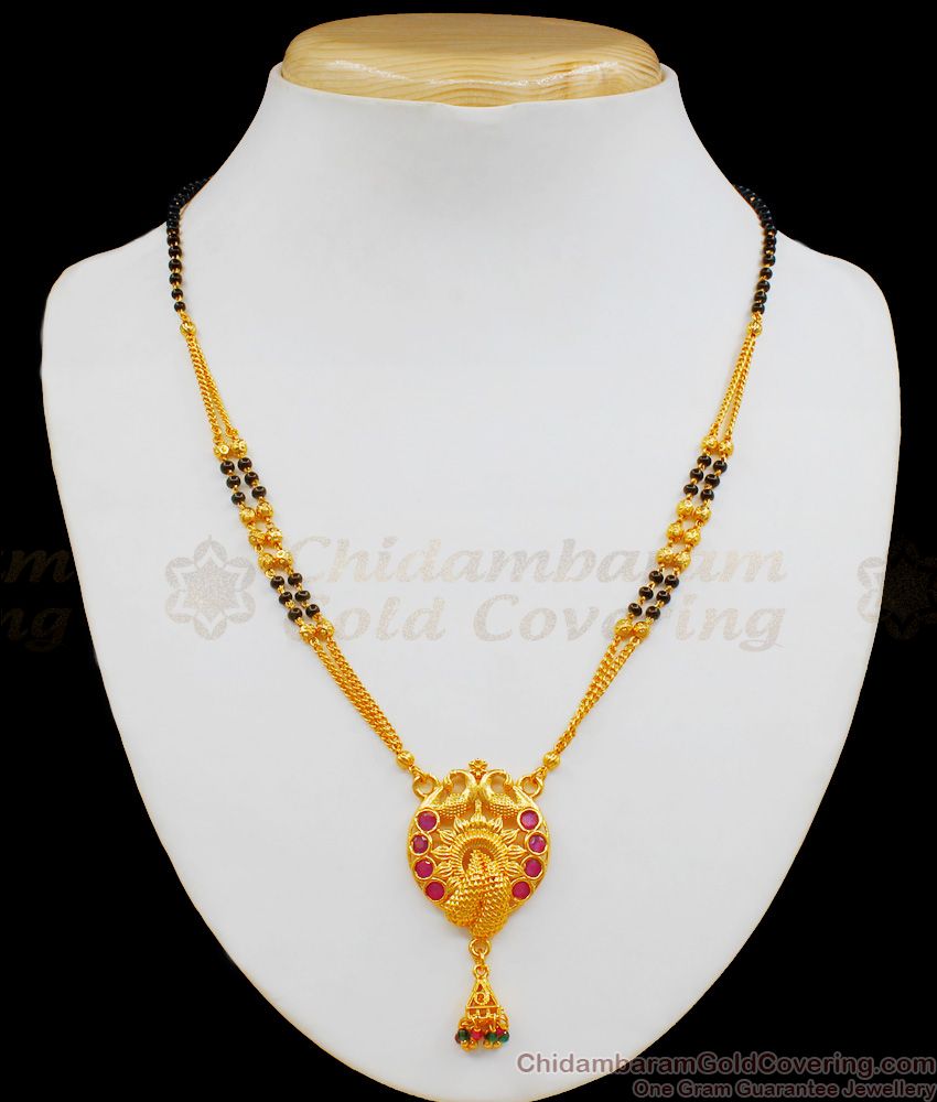Simple Double Line Mangalsutra With Peacock Design Gold Plated Short Chain Collections SMDR494