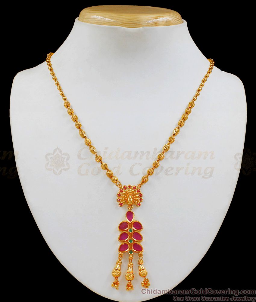 Attractive Ruby Stone Peacock Dollar Gold Short Chain With Pendant Collections SMDR537