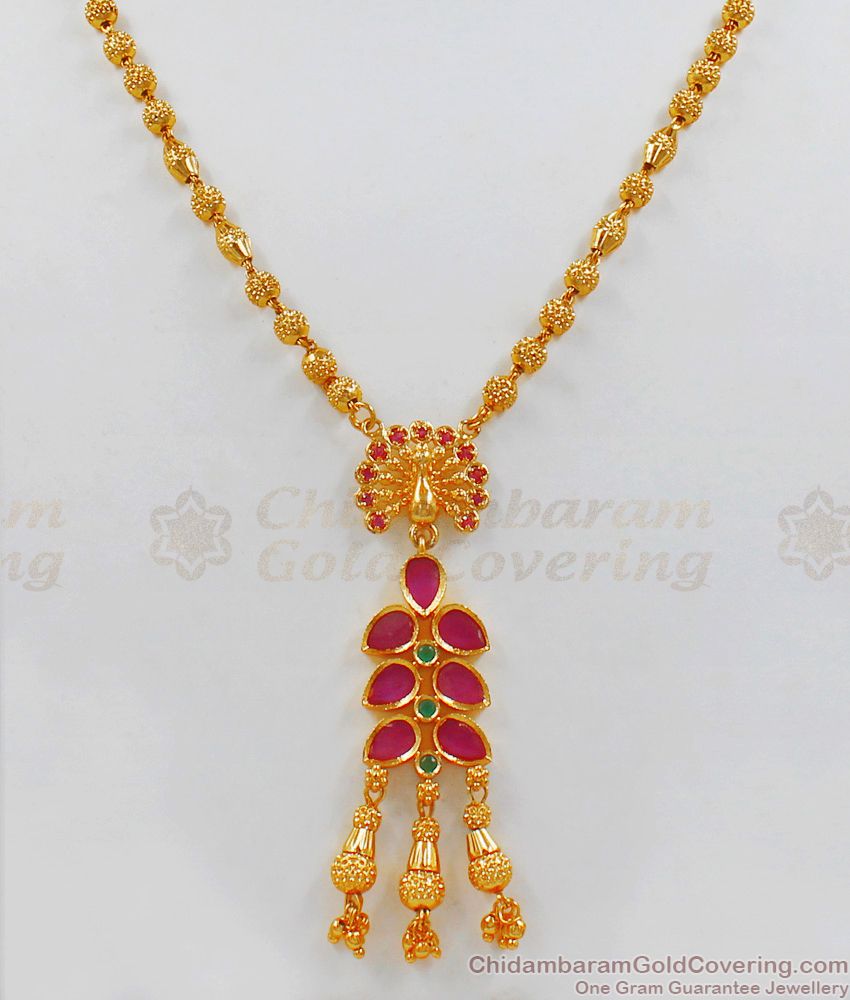 Attractive Ruby Stone Peacock Dollar Gold Short Chain With Pendant Collections SMDR537
