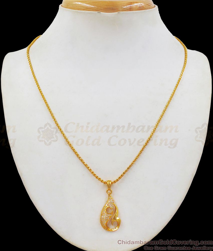 Sparkling White Diamond Flame Pendant Gold Chain Collections SMDR631