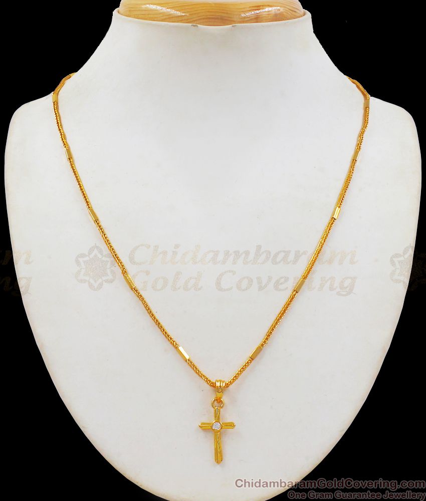Christian Religious Cross Gold Pendant Chain Short Chain Collections Daily Wear SMDR639