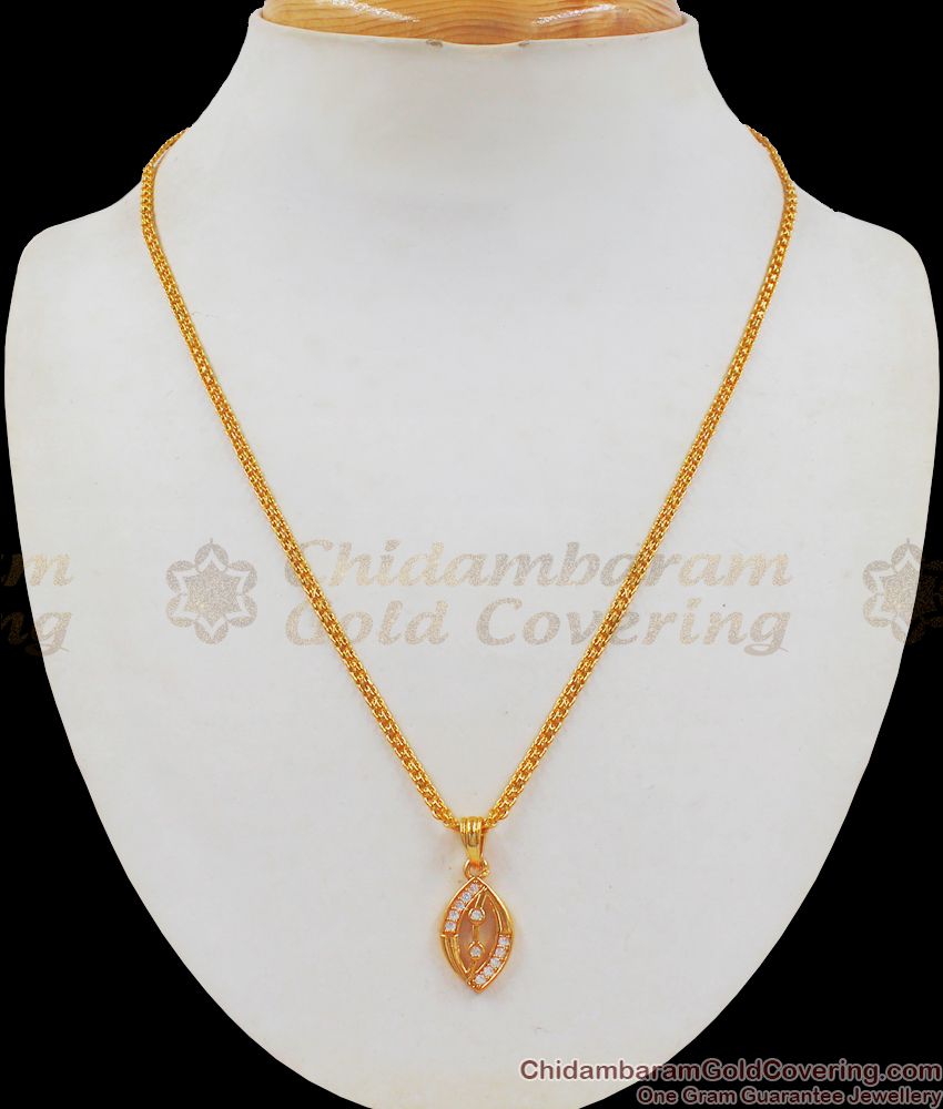 AD White Stone Small Pendant Gold Short Chain Daily Wear SMDR681 AD White Stone Small Pendant Gold Short Chain Daily Wear SMDR681