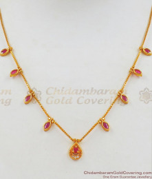Leaf Pattern Ruby White Stone Small Pendant Gold Short Chain SMDR683