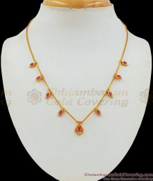 Leaf Pattern Ruby White Stone Small Pendant Gold Short Chain SMDR683