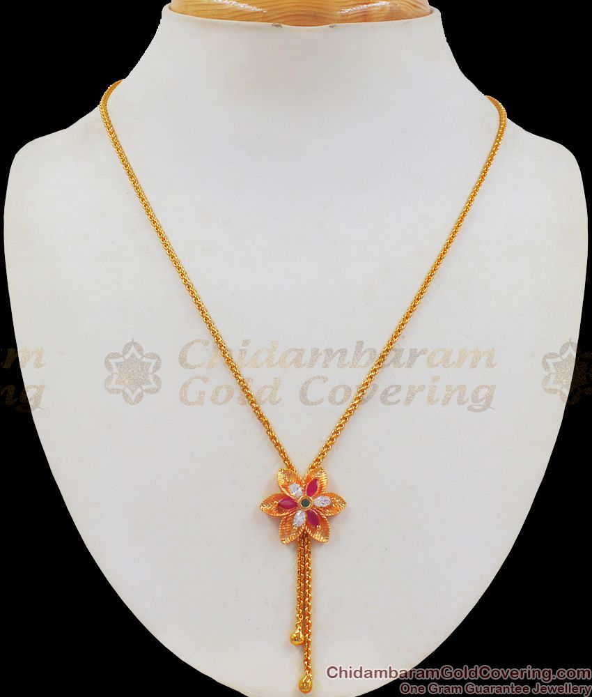 Triple Color Stone Flower Design Small Pendant Gold Short Chain SMDR692