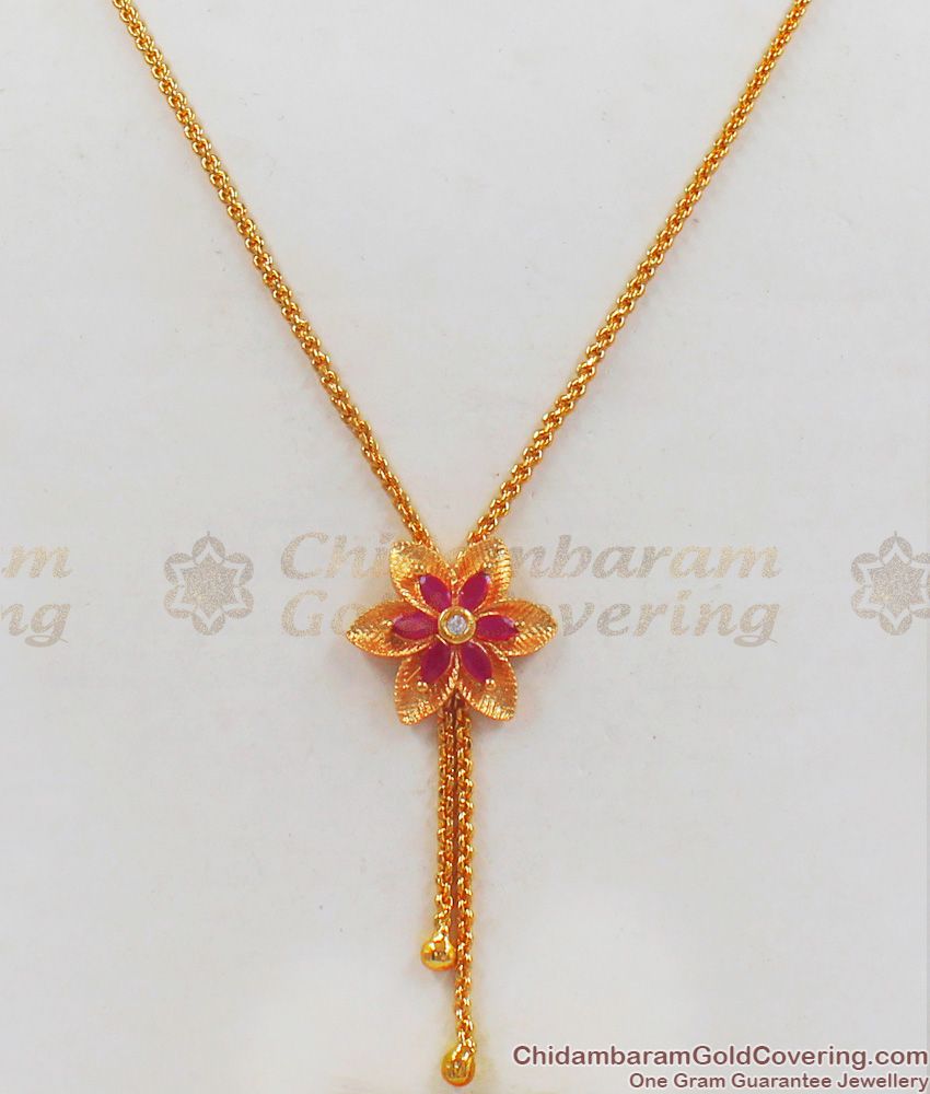 Attractive Flower Design Ruby White Stone Pendant Gold Chain SMDR693